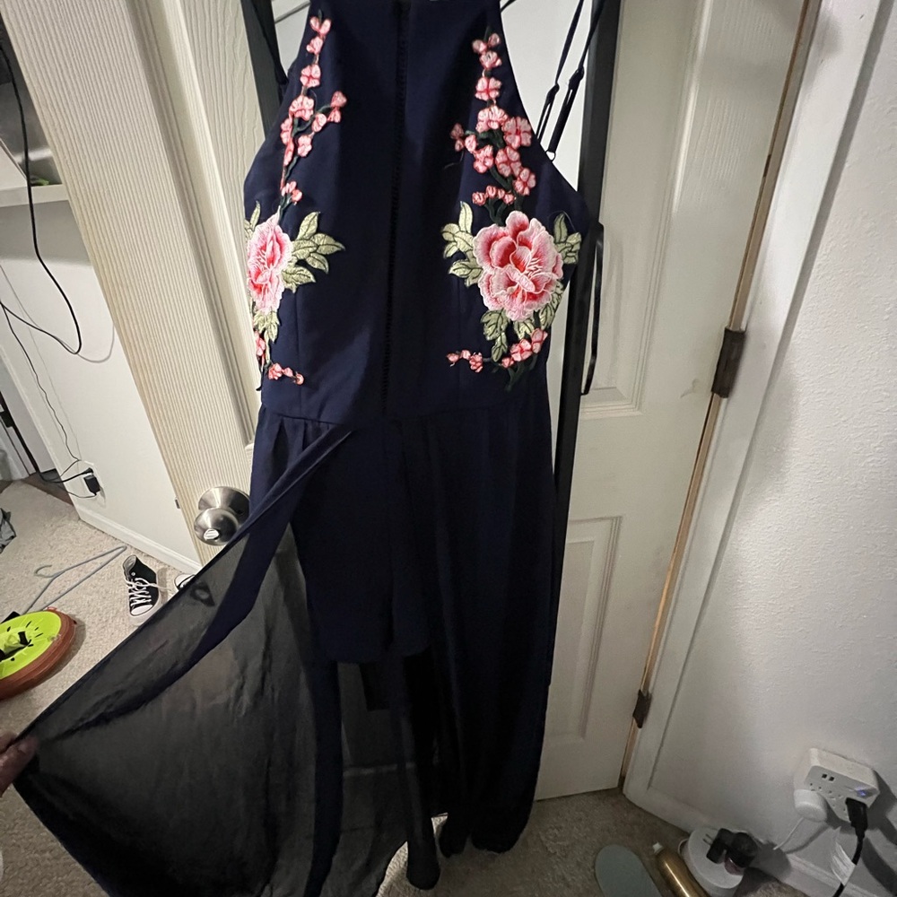 Rose embroidered navy blue dress